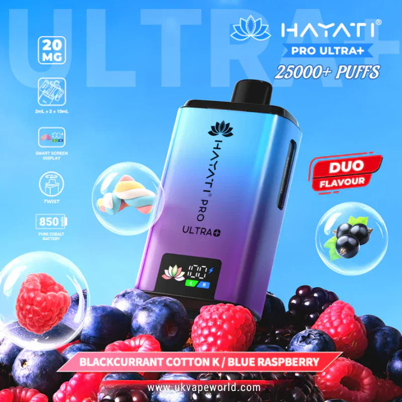Hayati Pro Ultra Plus 25K Prefilled Vape Kit – 25,000 Puffs Rechargeable Pod System - Noble Vape Blackcurrant-Cotton-K-Blue-Raspberry