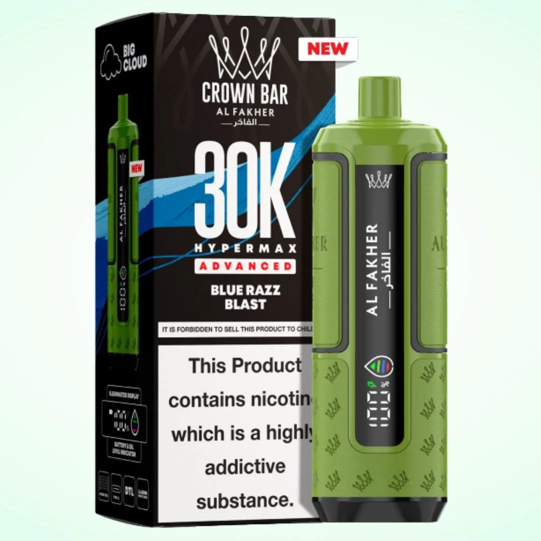Al Fakher Crown Bar 30K Hypermax Vape Kit – Rechargeable Pod System with 30000 Puffs UK - Noble Vape Blue-Razz-Blast