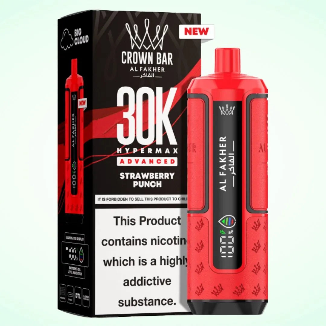 Al Fakher Crown Bar 30K Hypermax Vape Kit – Rechargeable Pod System with 30000 Puffs UK - Noble Vape Strawberry-Punch