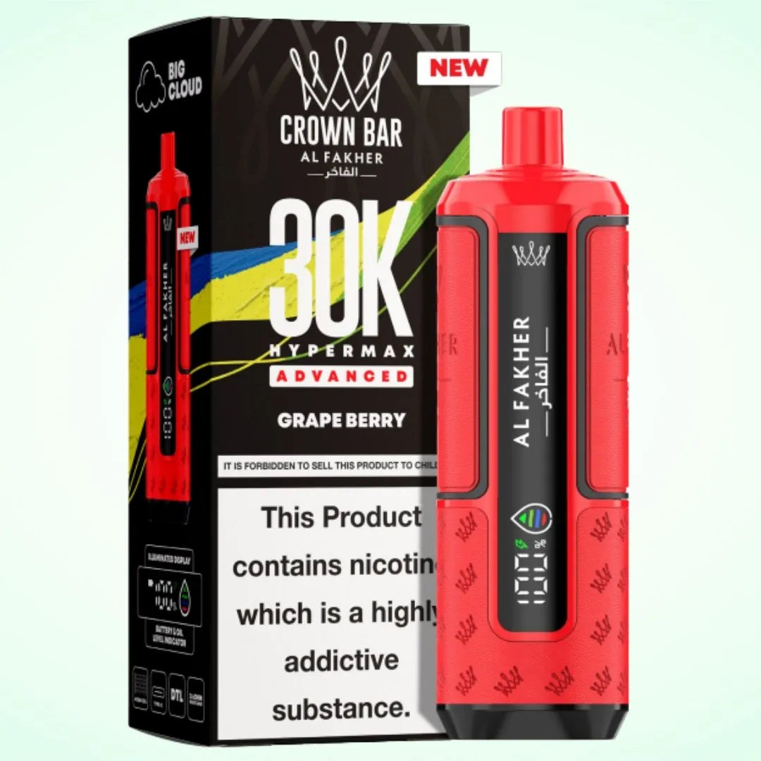 Al Fakher Crown Bar 30K Hypermax Vape Kit – Rechargeable Pod System with 30000 Puffs UK - Noble Vape Grape-Berry