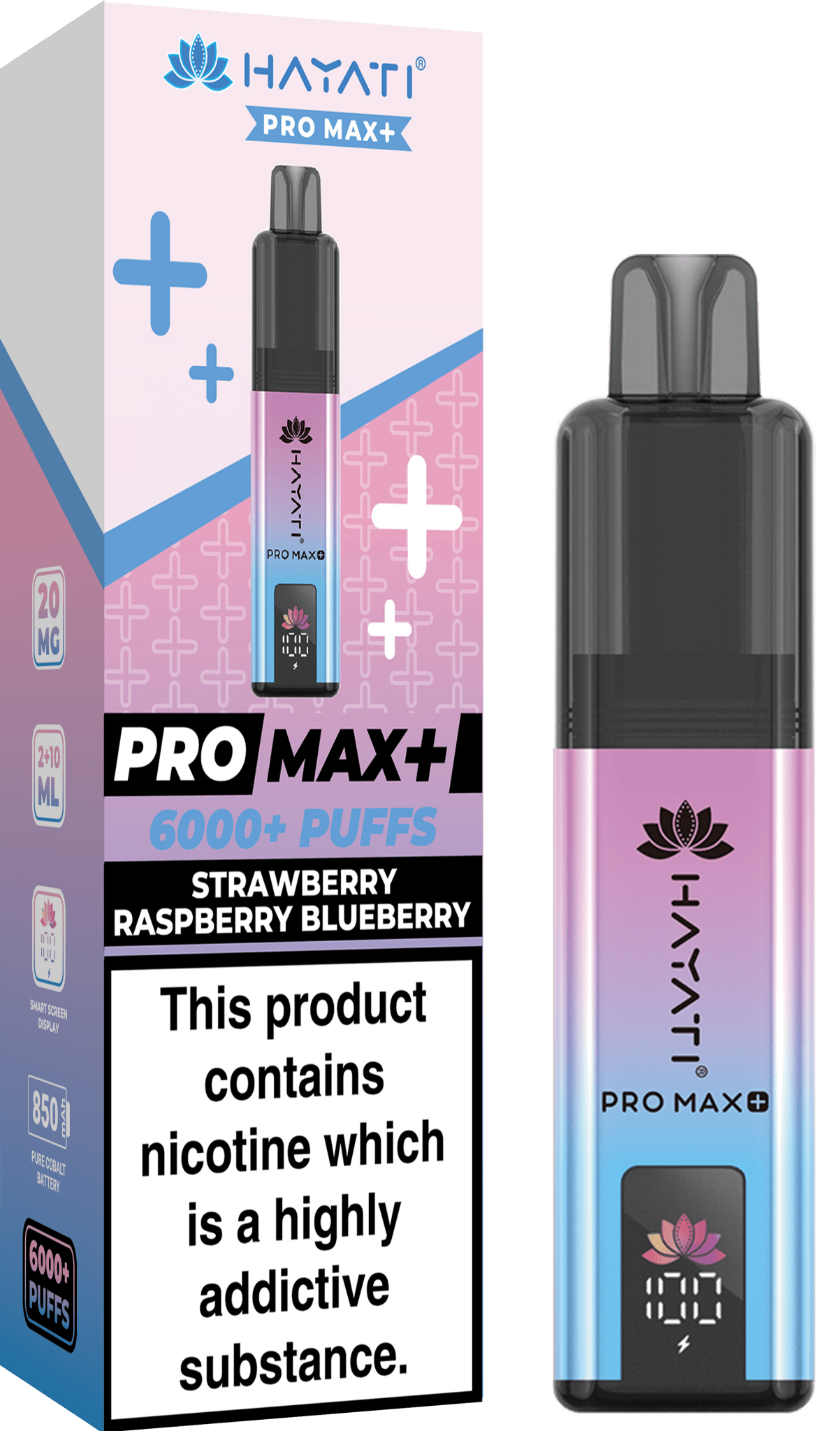 Hayati Pro Max Plus 6000 Vape Kit – 6000 Puff Rechargeable Prefilled Pod Device - Noble Vape Strawberry-Raspberry-Blueberry