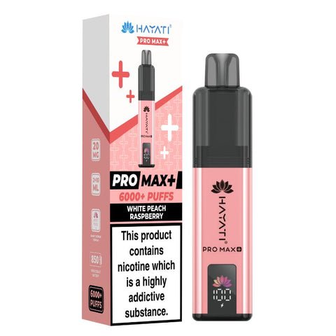 Hayati Pro Max Plus 6000 Vape Kit – 6000 Puff Rechargeable Prefilled Pod Device - Noble Vape White-Peach-Raspberry