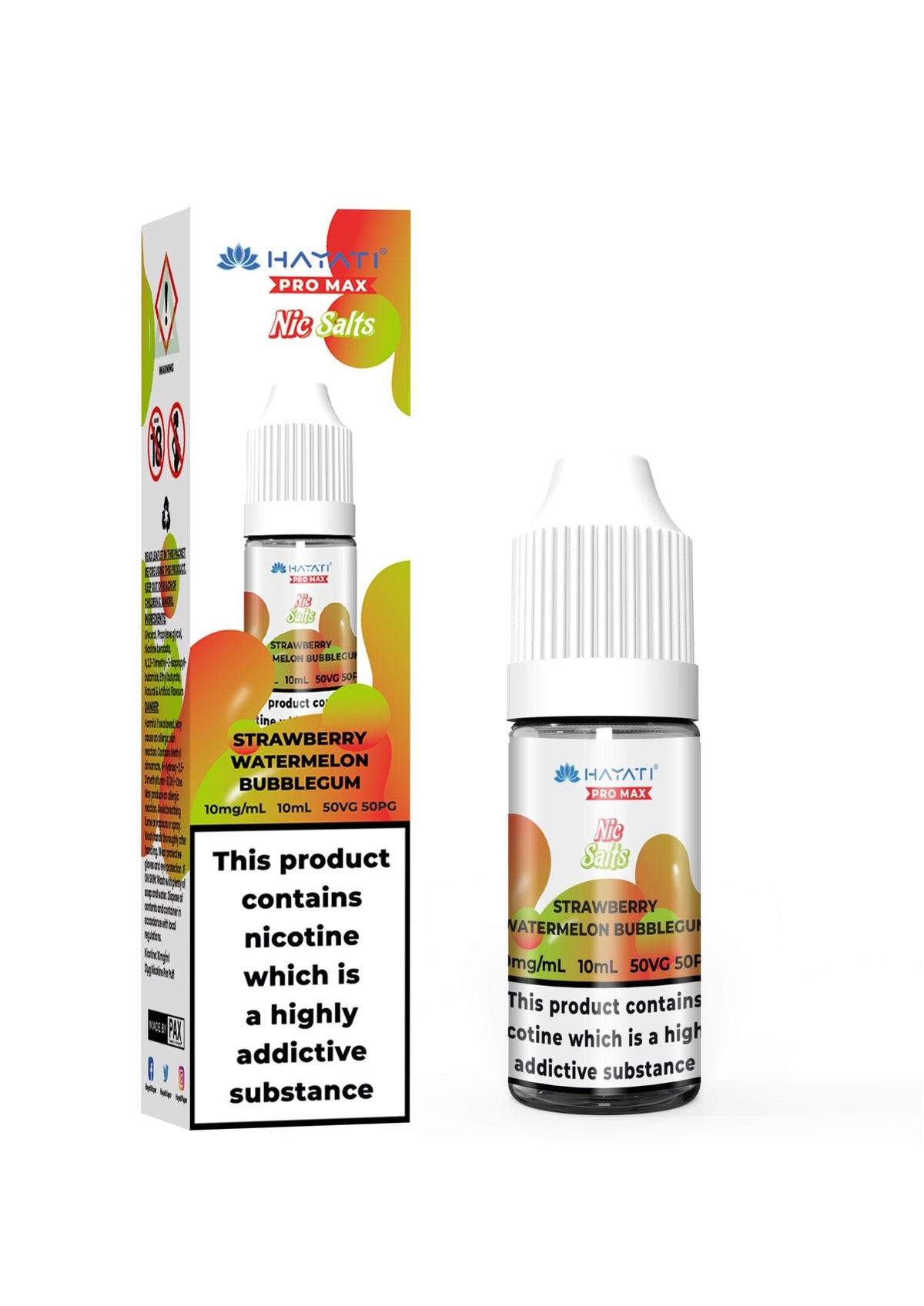 Hayati Pro Max Nic Salts 10ml – Smooth Nicotine Salt E-Liquid for Pod Kits UK - Noble Vape Strawberry-Watermelon-Bubblegum-20MG