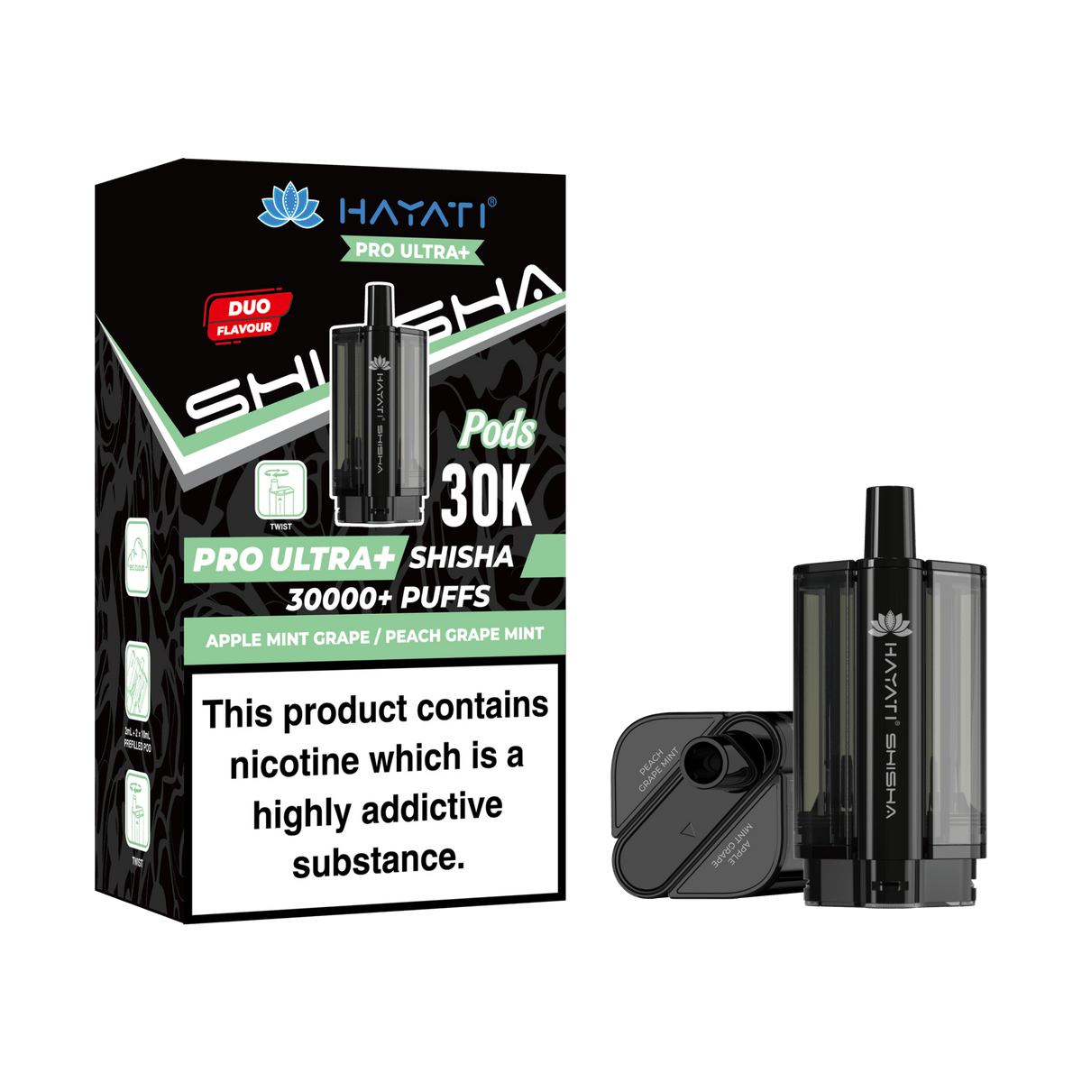 Hayati Pro Ultra Plus Shisha 30K Prefilled Pods – Replacement Dual Flavour Pods - Noble Vape Apple-Mint-Grape-Peach-Grape-Mint