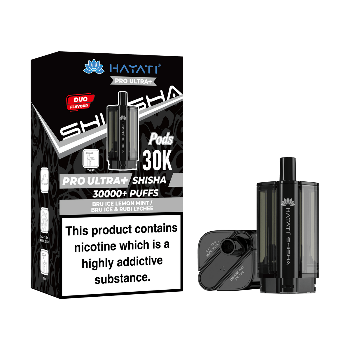 Hayati Pro Ultra Plus Shisha 30K Prefilled Pods – Replacement Dual Flavour Pods - Noble Vape Bru-ice-lemon-mint-Bru-ice-Rubi-lychee