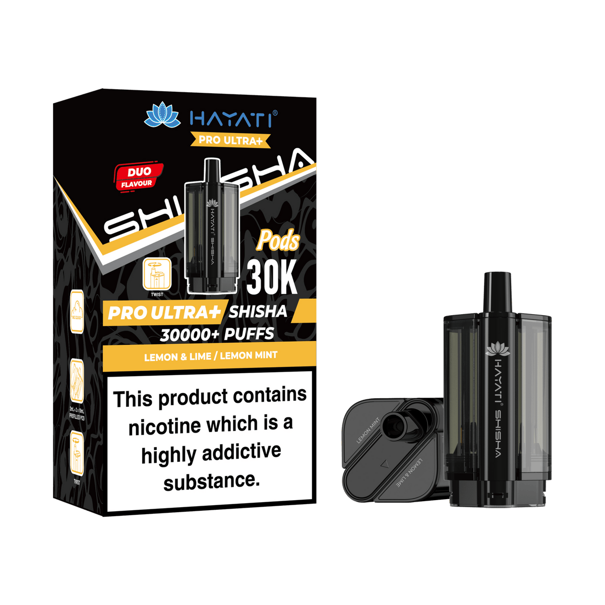 Hayati Pro Ultra Plus Shisha 30K Prefilled Pods – Replacement Dual Flavour Pods - Noble Vape Lemon-Lime-Lemon-Mint