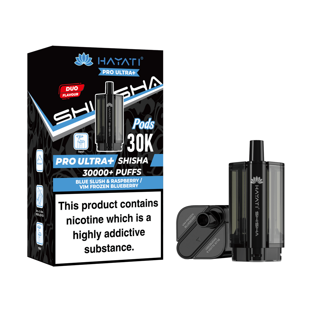 Hayati Pro Ultra Plus Shisha 30K Prefilled Pods – Replacement Dual Flavour Pods - Noble Vape Blue-Slush-Raspberry-Vim-Frozen-Blueberry