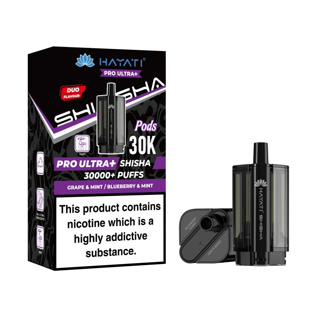 Hayati Pro Ultra Plus Shisha 30K Prefilled Pods – Replacement Dual Flavour Pods - Noble Vape