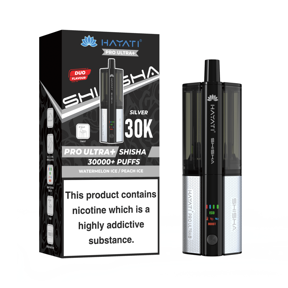 Hayati Pro Ultra Plus Shisha 30K Vape Kit – 30,000 Puffs Rechargeable Dual Flavour Pod System - Noble Vape
