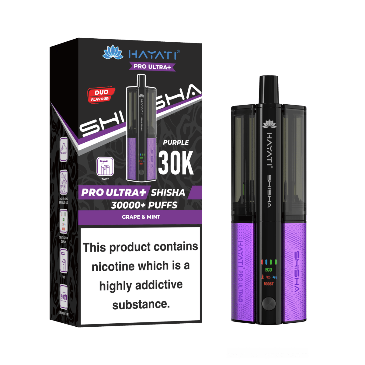 Hayati Pro Ultra Plus Shisha 30K Vape Kit – 30,000 Puffs Rechargeable Dual Flavour Pod System - Noble Vape