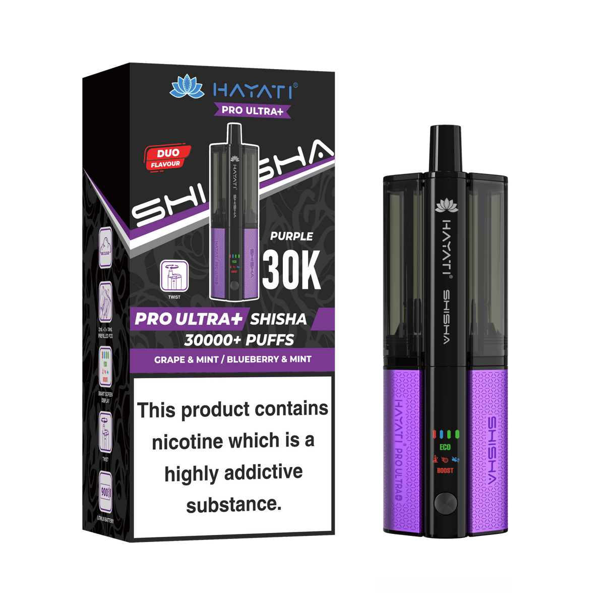 Hayati Pro Ultra Plus Shisha 30K Vape Kit – 30,000 Puffs Rechargeable Dual Flavour Pod System - Noble Vape Grape-Mint-Blueberry-Mint