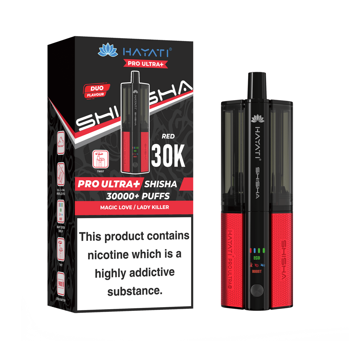 Hayati Pro Ultra Plus Shisha 30K Vape Kit – 30,000 Puffs Rechargeable Dual Flavour Pod System - Noble Vape Magic-Love-Lady-Killer