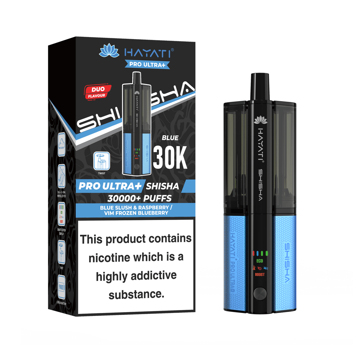 Hayati Pro Ultra Plus Shisha 30K Vape Kit – 30,000 Puffs Rechargeable Dual Flavour Pod System - Noble Vape Blue-Slush-Raspberry-Vim-Frozen-Blueberry