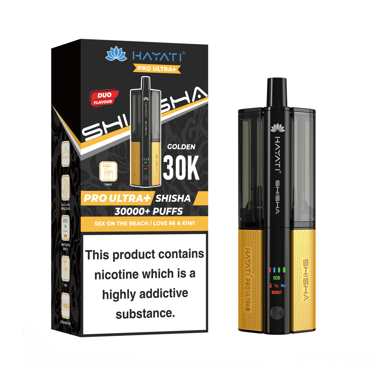 Hayati Pro Ultra Plus Shisha 30K Vape Kit – 30,000 Puffs Rechargeable Dual Flavour Pod System - Noble Vape Sex-On-Beach-Love-66-Kiwi