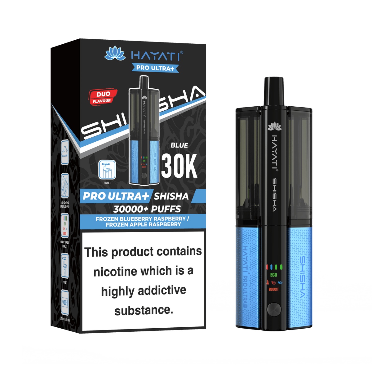 Hayati Pro Ultra Plus Shisha 30K Vape Kit – 30,000 Puffs Rechargeable Dual Flavour Pod System - Noble Vape Frozen-Blueberry-Raspberry-Frozen-Apple-Raspberry