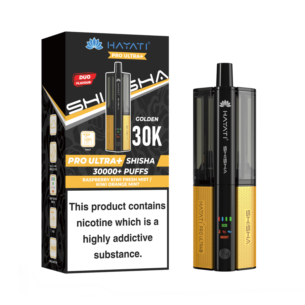 Hayati Pro Ultra Plus Shisha 30K Vape Kit – 30,000 Puffs Rechargeable Dual Flavour Pod System - Noble Vape Raspberry-Kiwi-Fresh-Mist-Kiwi-Orange-Mint