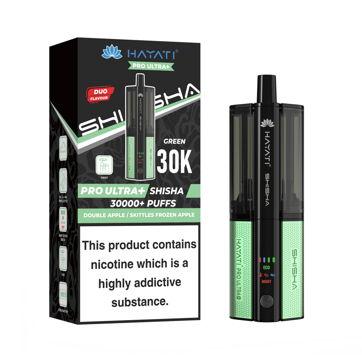 Hayati Pro Ultra Plus Shisha 30K Vape Kit – 30,000 Puffs Rechargeable Dual Flavour Pod System - Noble Vape Double-Apple-Skittles-Frozen-Apple
